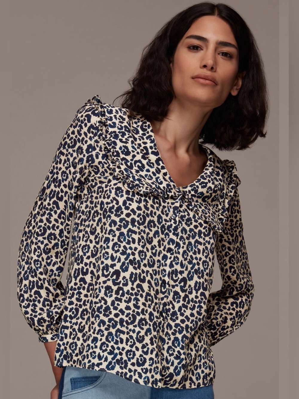 Whistles Cheetah Print Collar Ruffle Blouse US 2 V Neck Long Sleeve Top